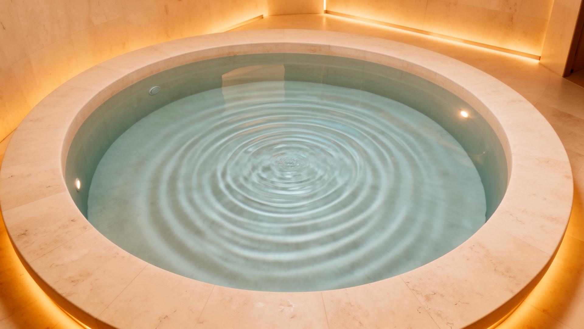 Overhead view of still circular thermal pool with ripples