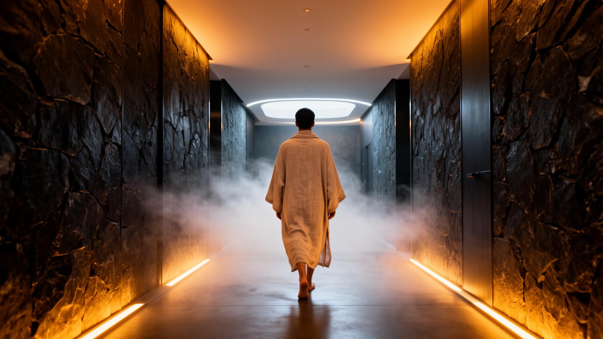 Person in linen robe walking through misty corridor lit by warm amber light