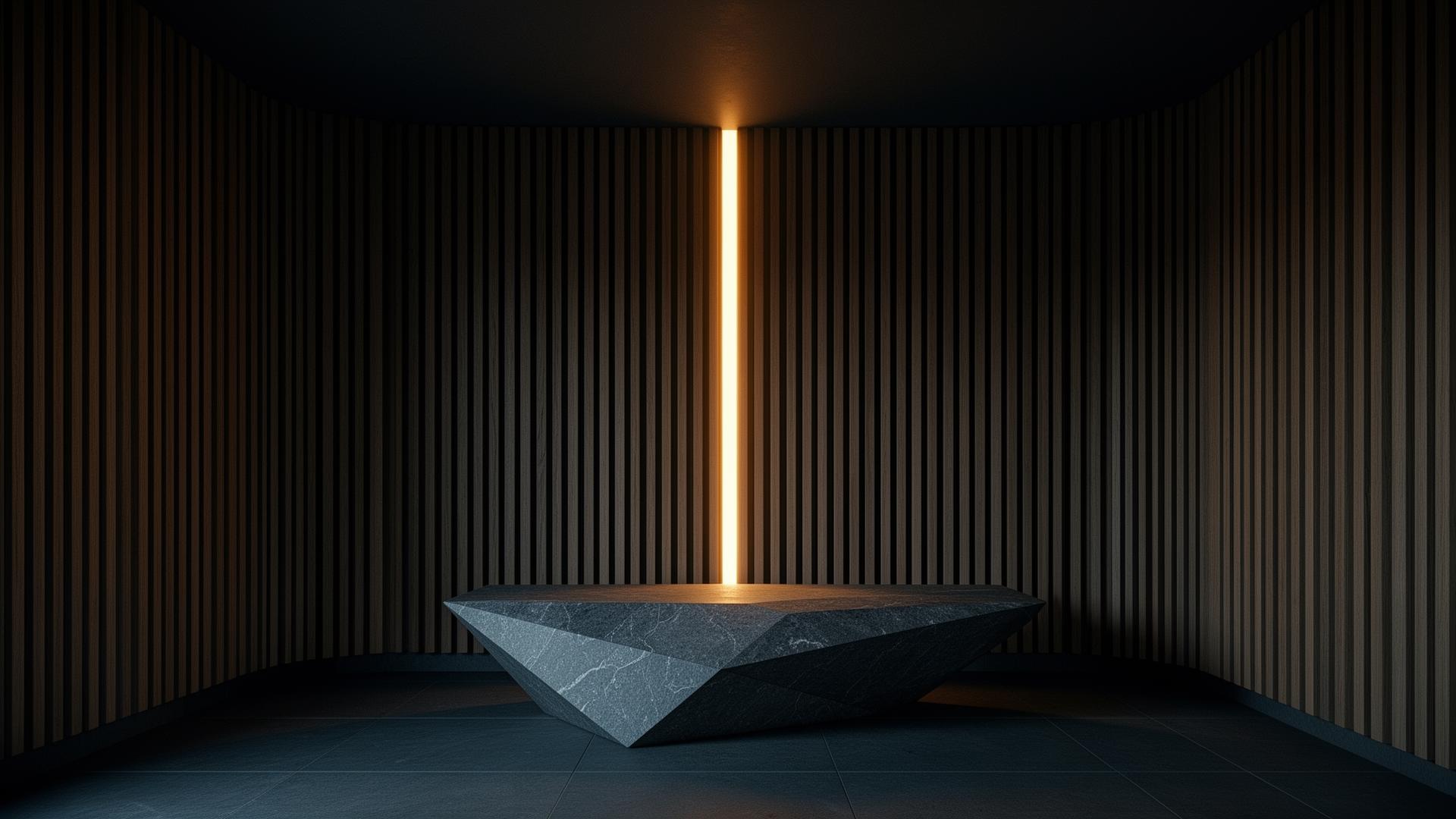 Minimalist sauna chamber with single shaft of warm light over a stone bench